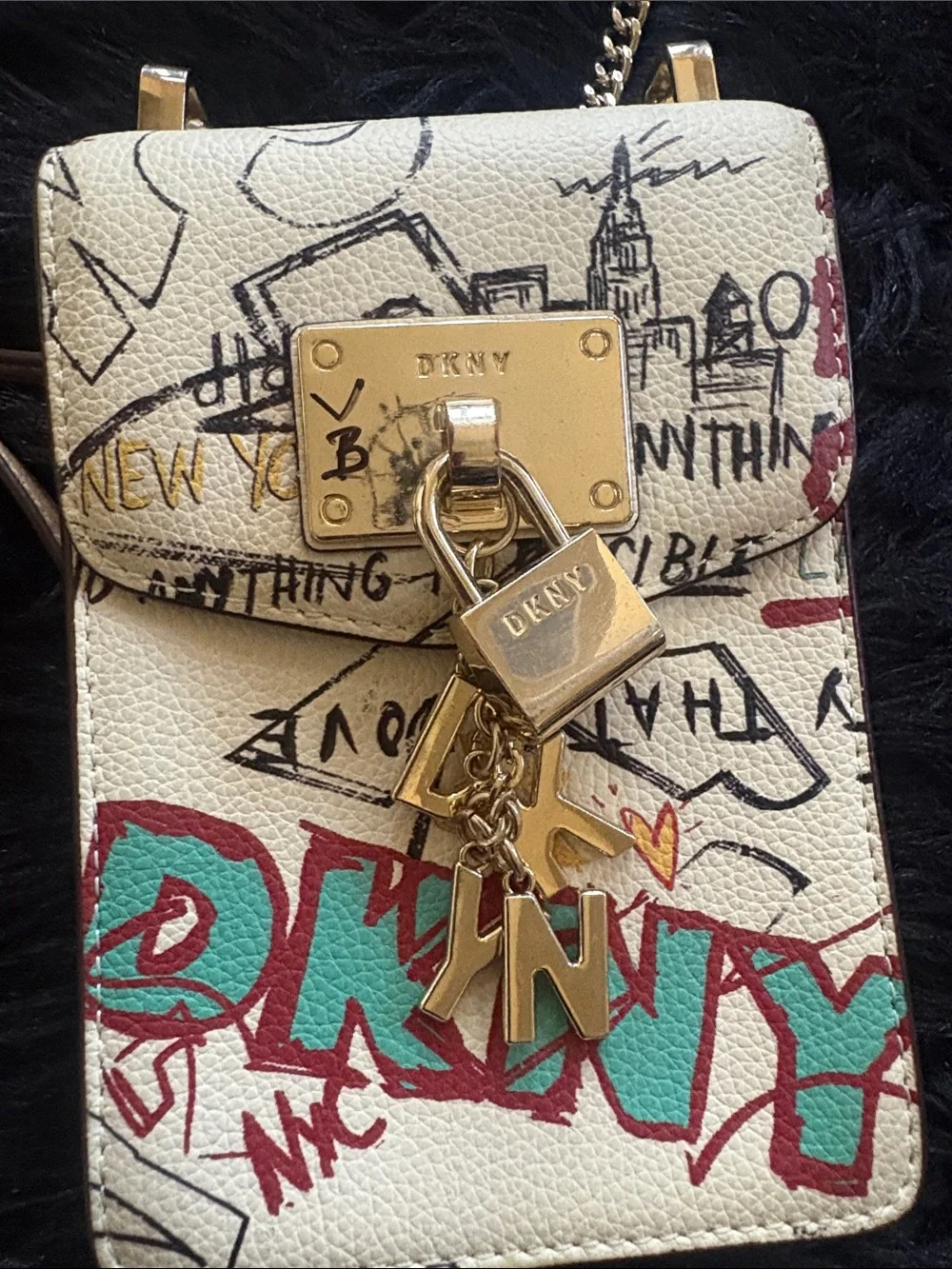 DKNY Cream Graffiti Print Crossbody Phone Bag with Gold Hardware